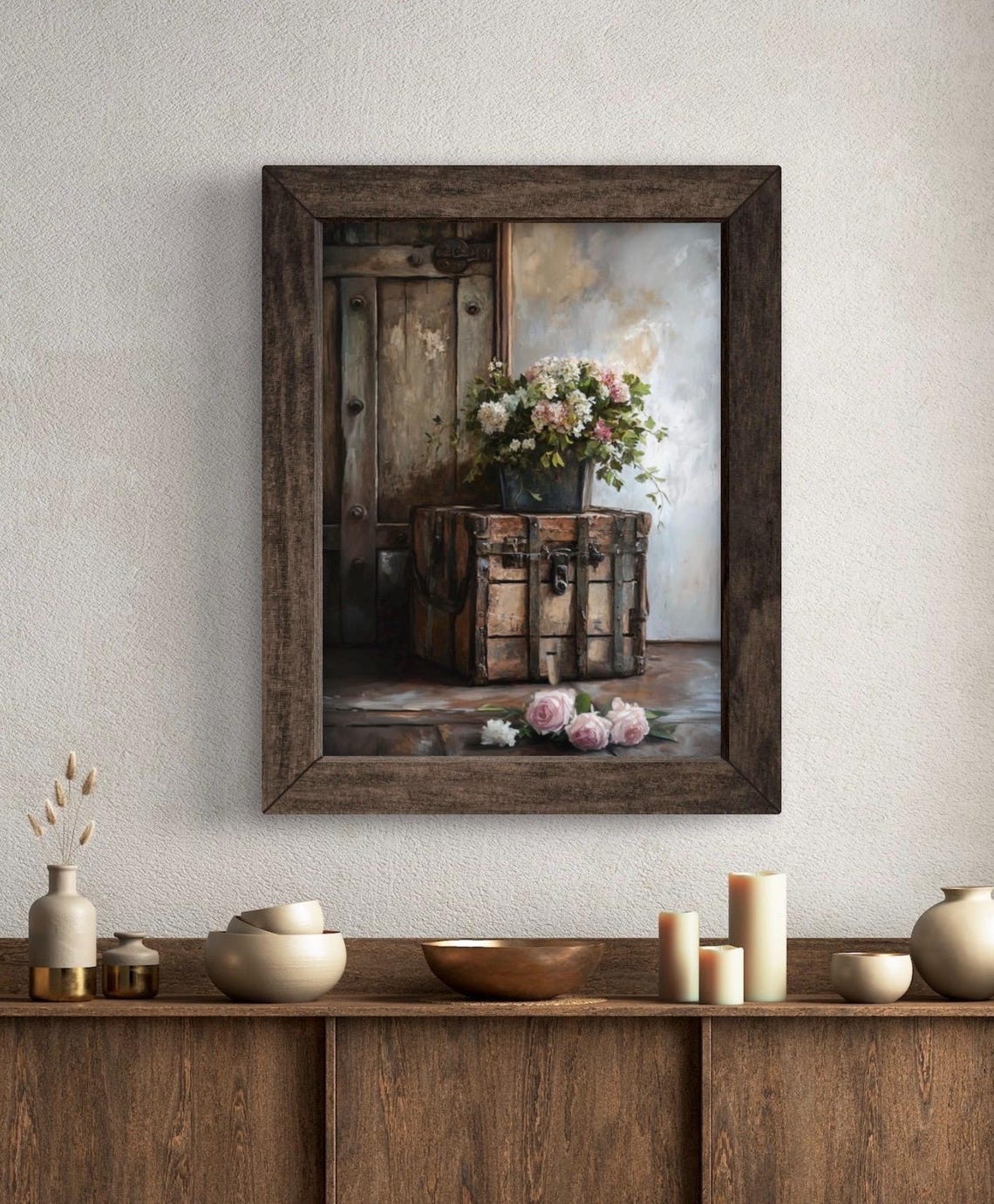 Rustic Trunk Flowers Wooden Door Farmhouse Still Life Art Poster - Image 5