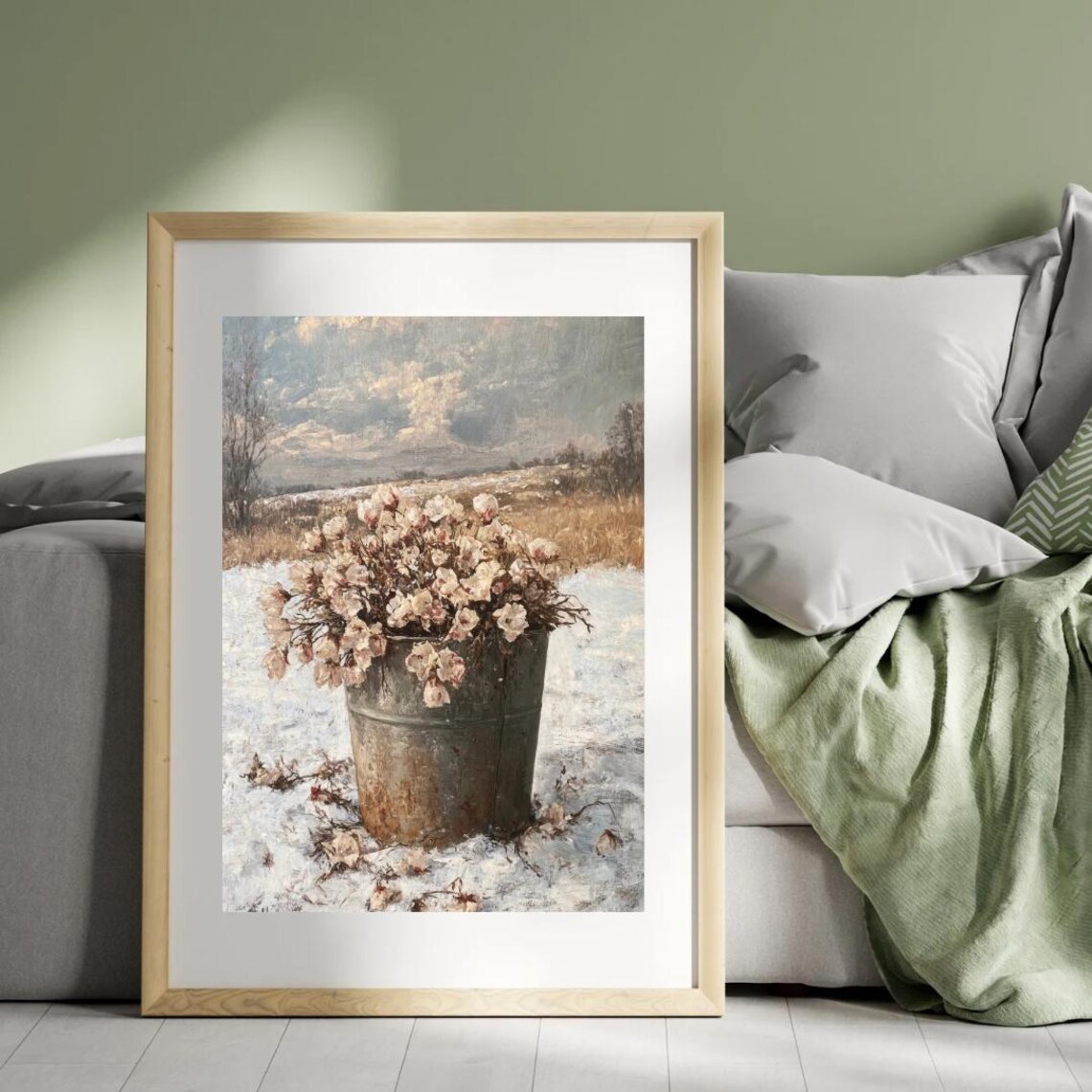 Pink Wildflowers in Rustic Bucket on Snowy Field Vintage Floral Wall Art Poster - Image 3