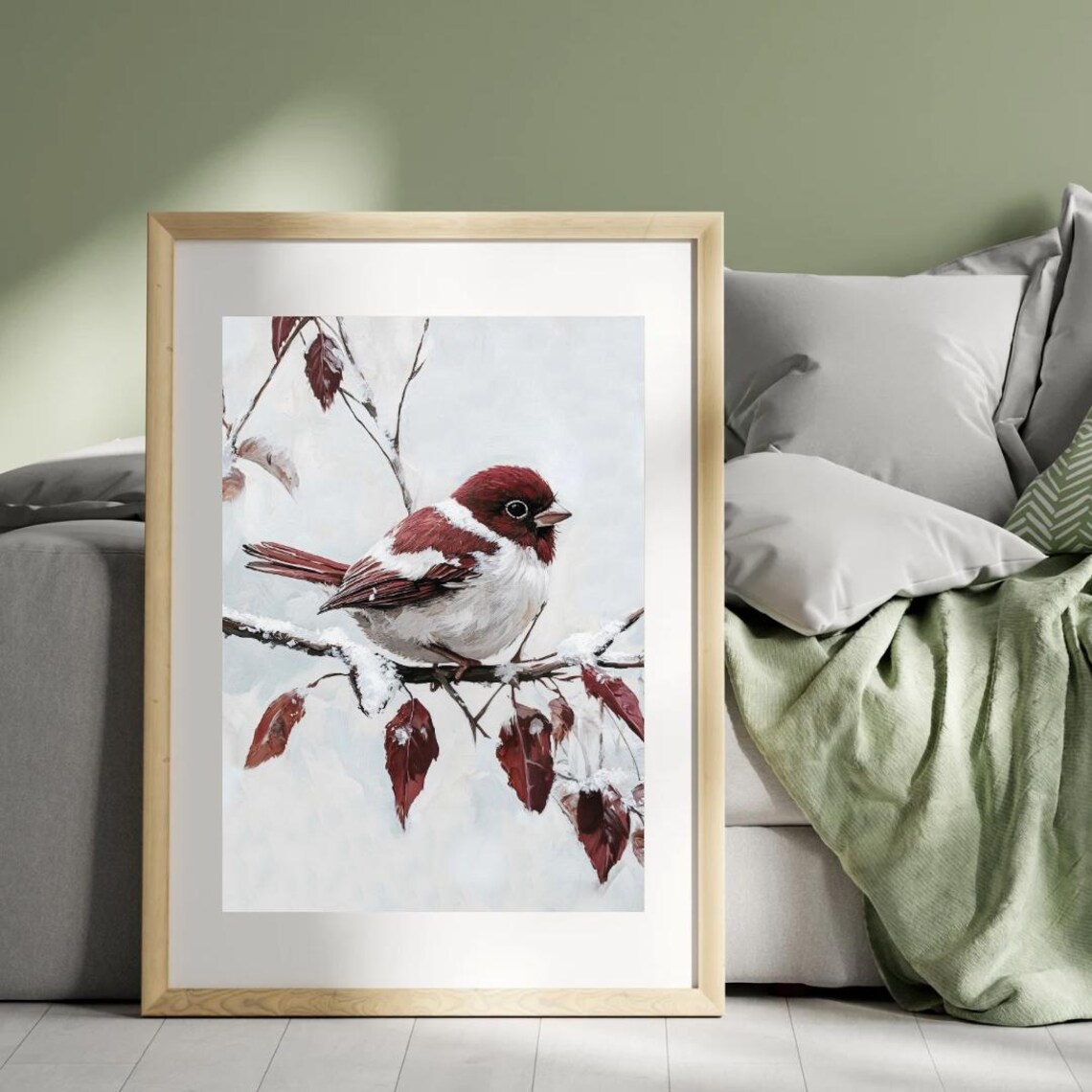Red Winter Sparrow Art Print, Moody Seasonal Wildlife - Image 4