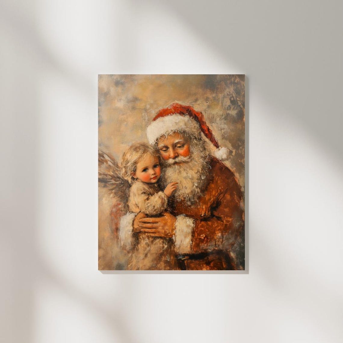 Vinatge Santa With Christmas Angel Wall Art Print Moody Christmas Wall Decor Santa With A Little Angelic Girl Kids Room Decor - Image 2