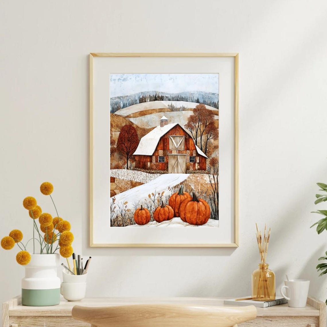 Cozy Rustic Red Barn In Snowy Hills With Pumpkins Folk Art Print - Image 3