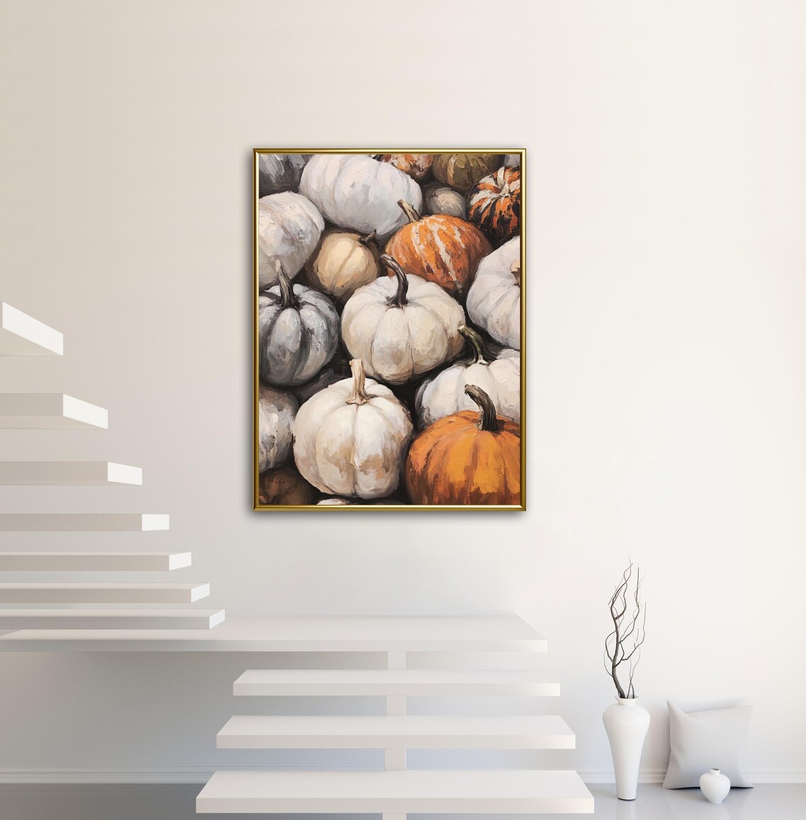 Heap of White and Orange Pumpkins Patch Farmhouse Autumn Color Wall Art - Image 2