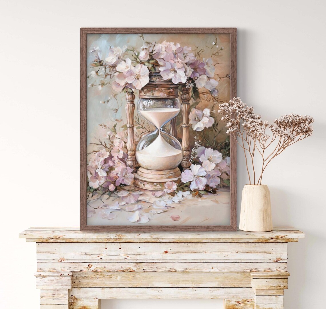 Vintage Hourglass Surrounded by Pink Cherry Blossoms Romantic Wall Art Print - Image 4
