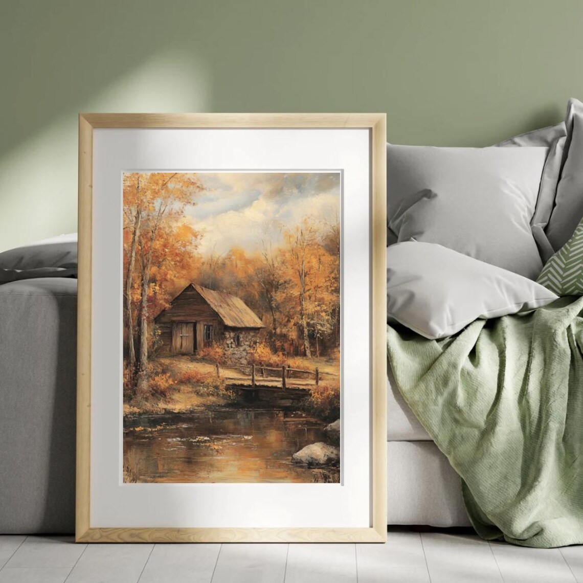 Rustic Wooden Cabin by Creek in Golden Autumn Forest Fall Scene Wall Art - Image 4