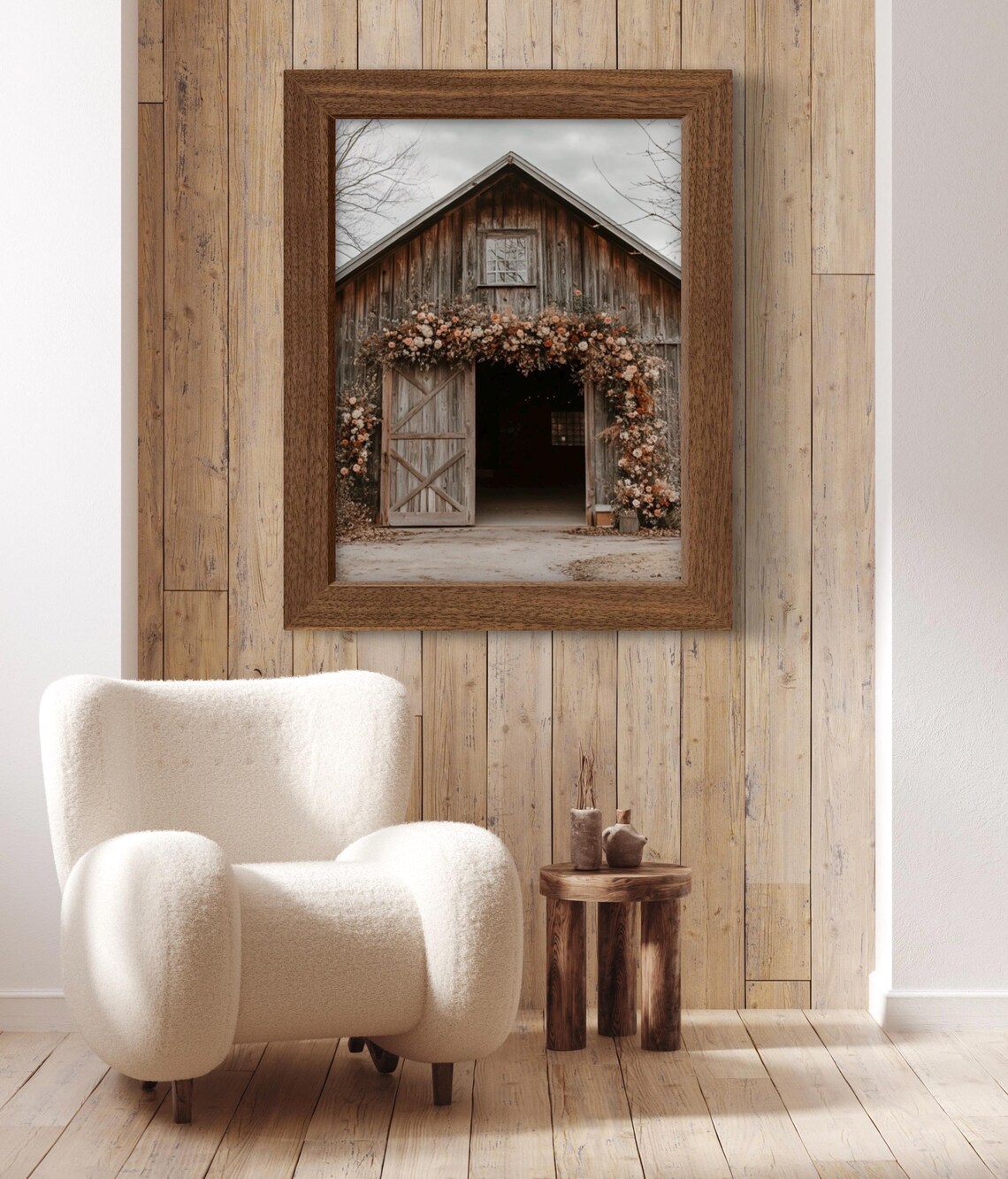 Rustic Wooden Barn with Floral Arch Over Doors Vintage Farmhouse Wall Art Poster - Image 2