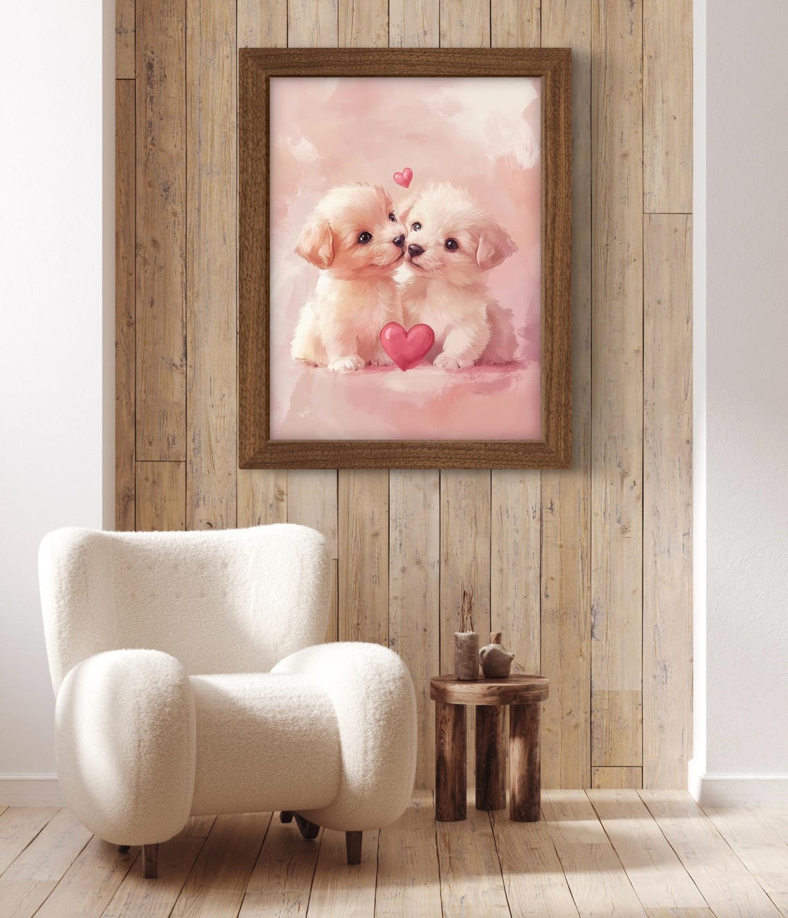 Two White Puppies Red Hearts Pink Background Puppy Love Poster - Image 3
