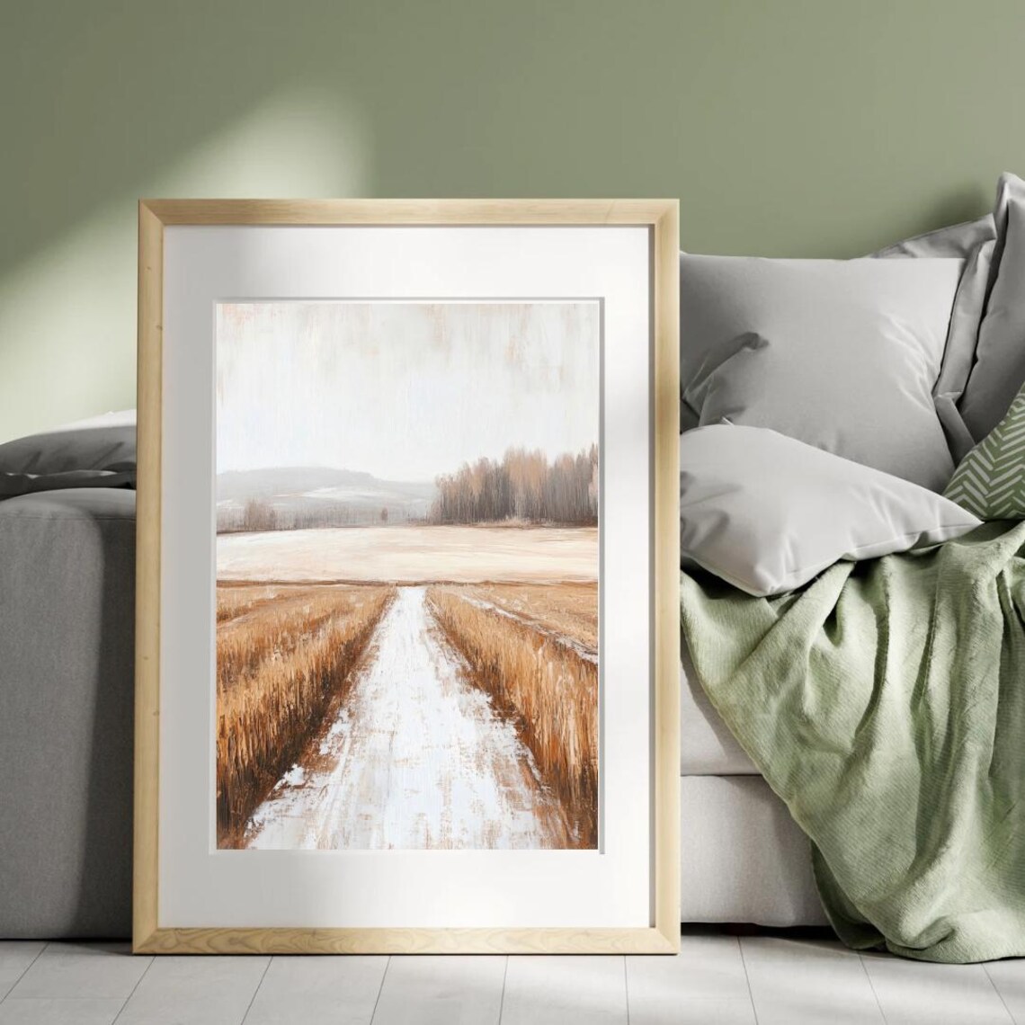 Snowy Path Through Golden Wheat Field Misty Minimalist Winter Landscape Print - Image 4