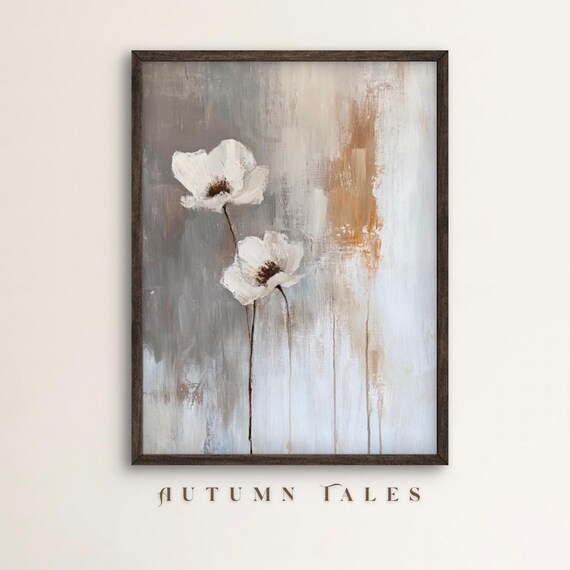 Minimalist White Flowers on Gray Abstract Wabi Sabi Botanical Wall Art Print