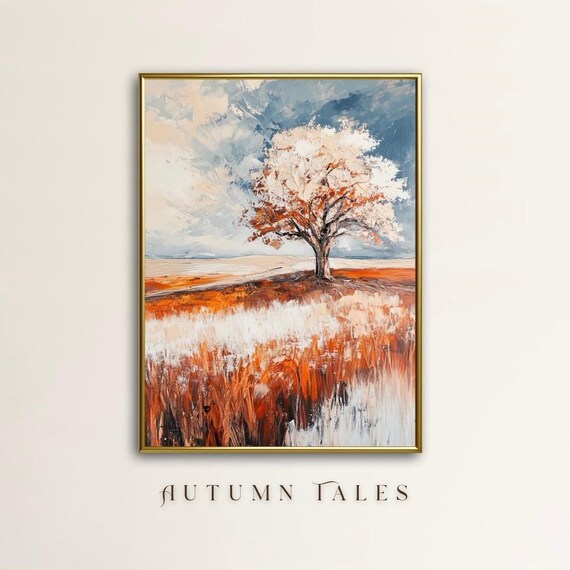 Lone Autumn Tree In Snowy Orange Field Abstract Impressionist Wall Art Print