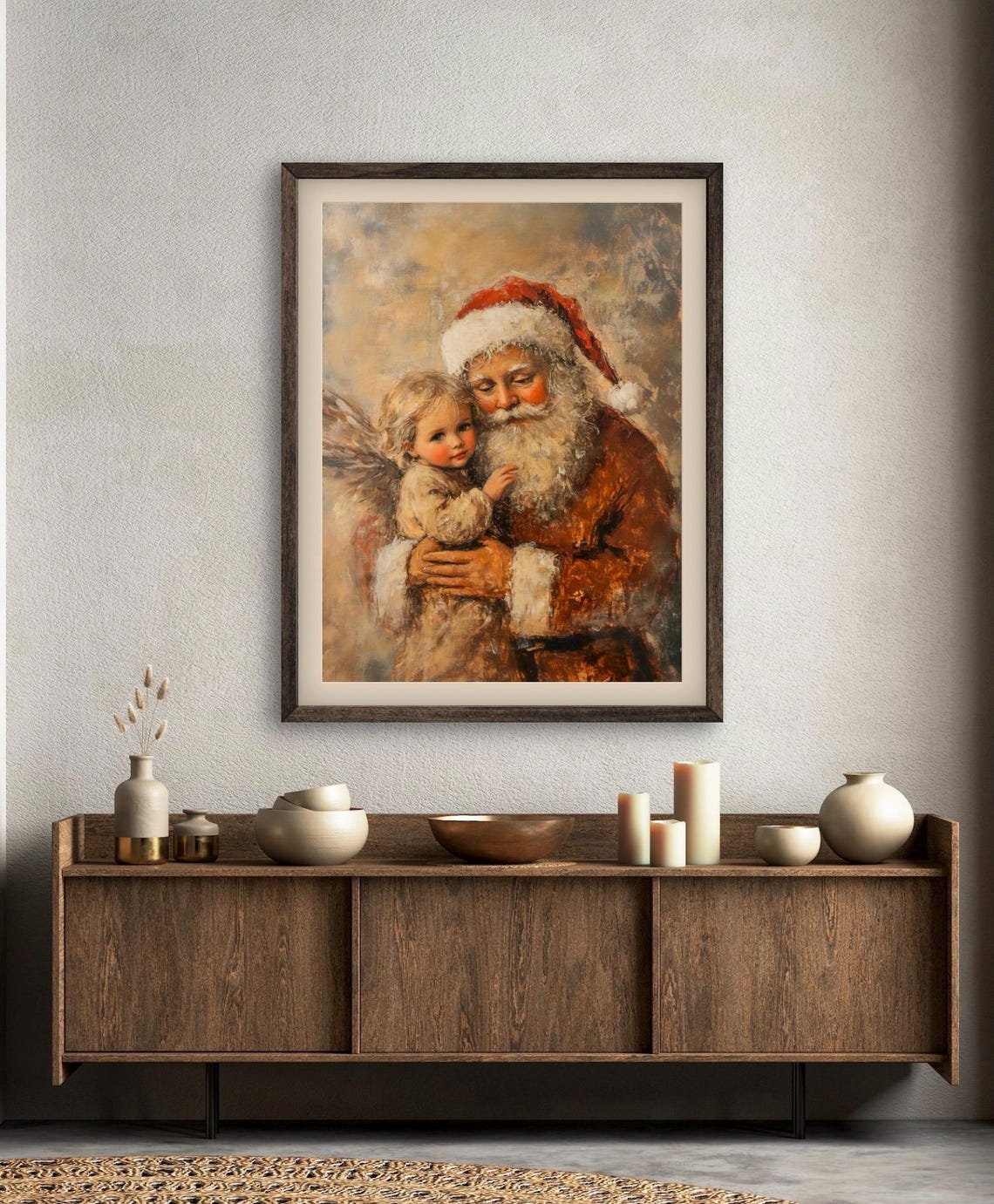 Vinatge Santa With Christmas Angel Wall Art Print Moody Christmas Wall Decor Santa With A Little Angelic Girl Kids Room Decor - Image 5