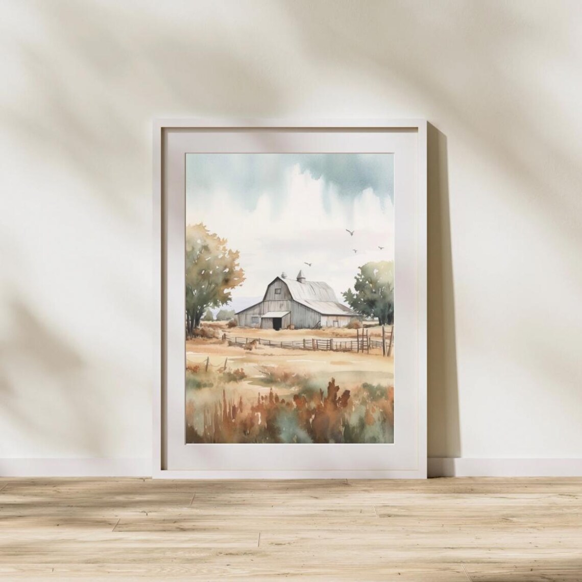Gentle Soft Watercolor Barn With Fenced Autumn Field Art Print - Image 4