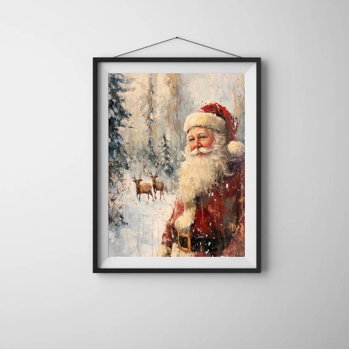 Vintage Santa Claus Snowy Winter Forest Reindeer Painting Poster - Image 4