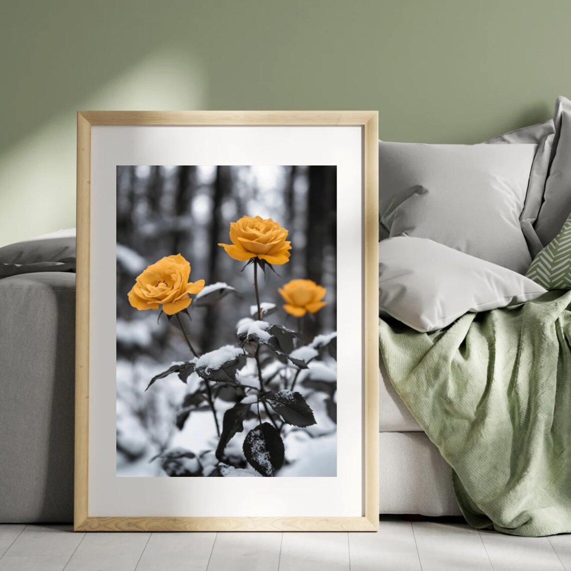Golden Yellow Roses In Snow Black And White Winter Forest Photo Wall Print - Image 3