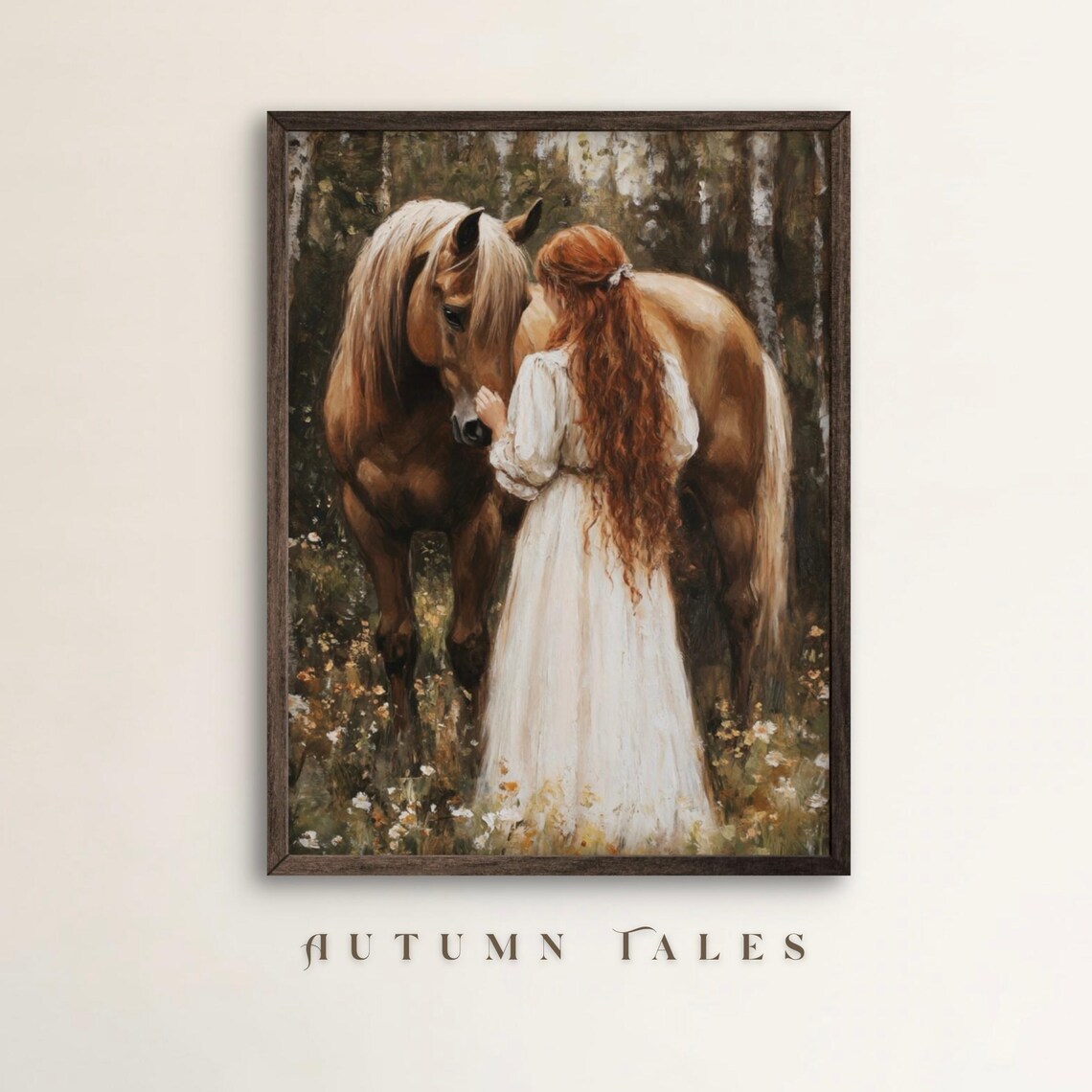 Red Haired Girl with Brown Horse in Flower Forest Vintage Wall Art Poster