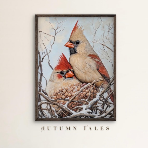 Pair Of Northern Cardinals On Snowy Nest Branch Bright Winter Bird Art Print
