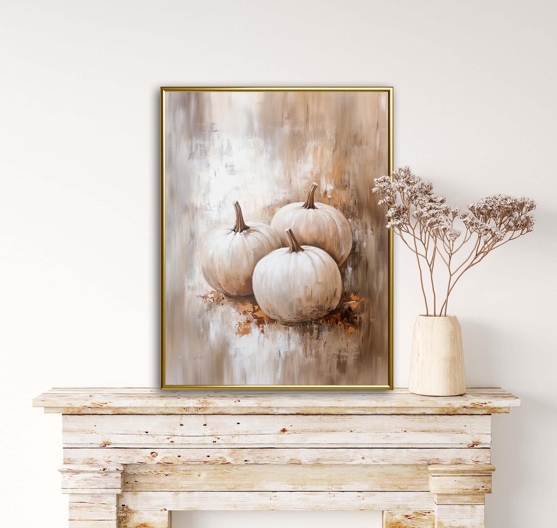 Three White Pumpkins Minimalist Still Life Neutral Beige Autumn Wall Art - Image 4