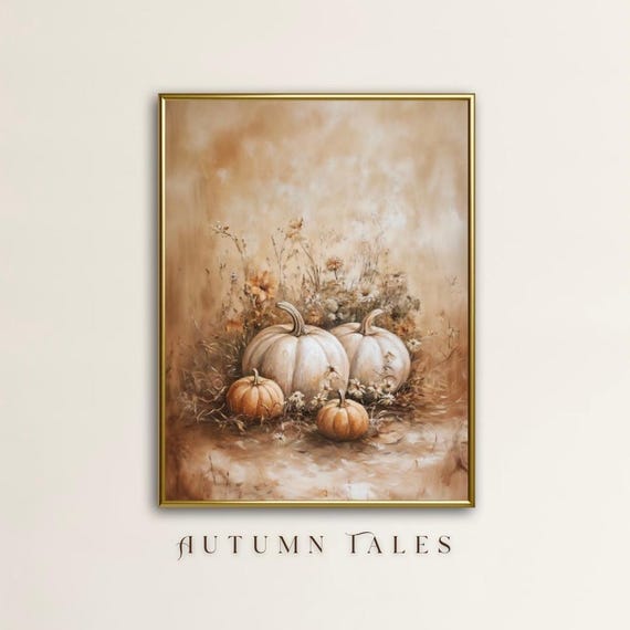 Fall Pumpkin Patch Wall Art Print Autumn Farmhouse Decor Still Life Moody Pumpkin And Wildflowers Vintage Nuetral Earthy Tone