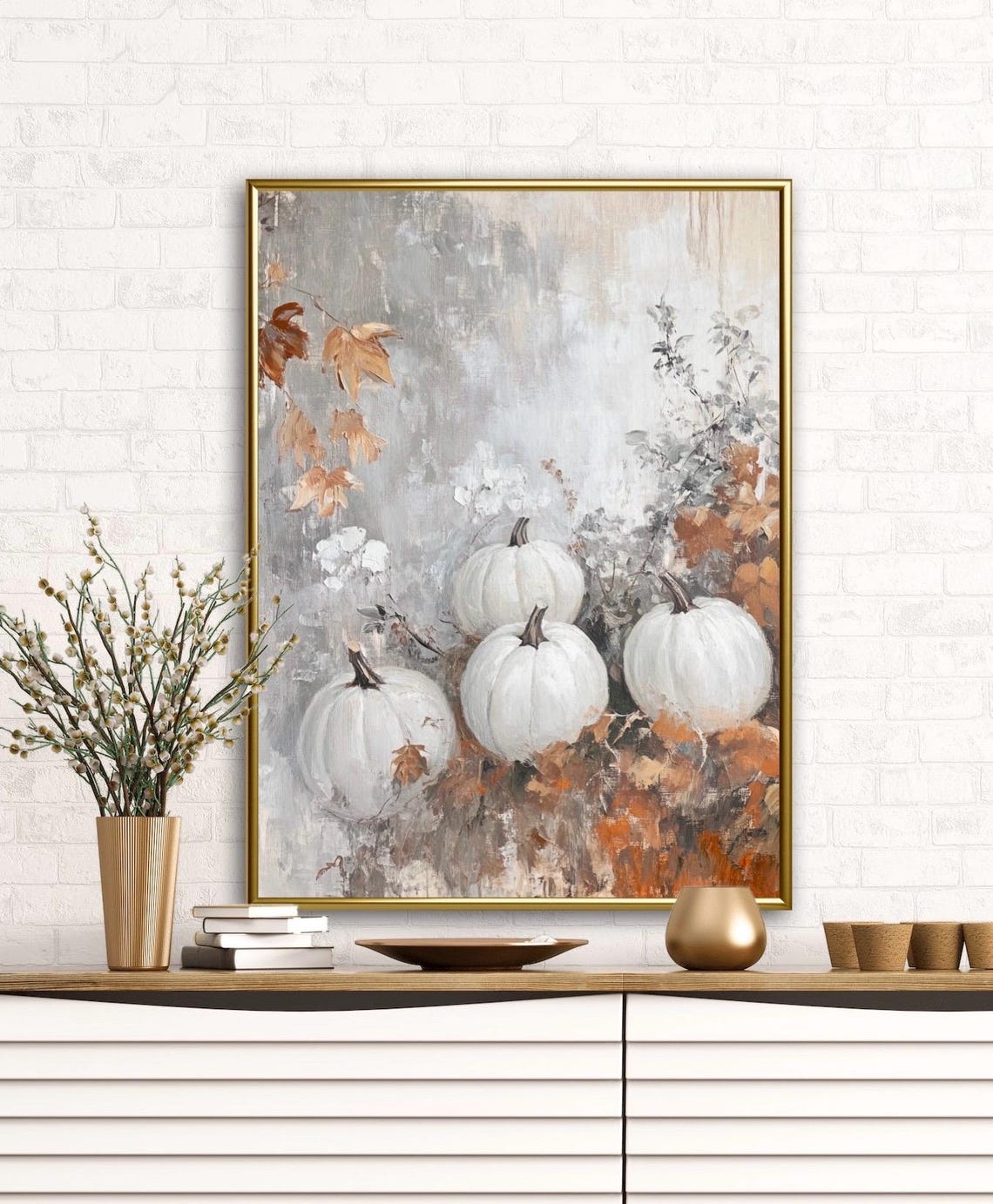 Autumn Tales White Pumpkins Orange Leaves Fall Harvest Poster - Image 3