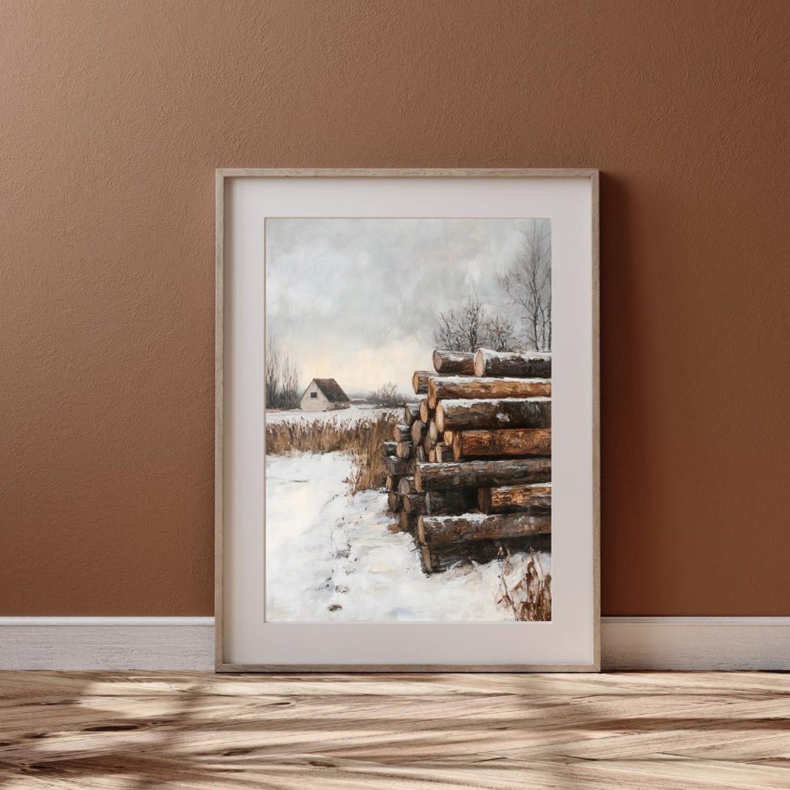 Snowy Winter Farm Stacked Wood Logs Barn Landscape Rustic Poster - Image 6