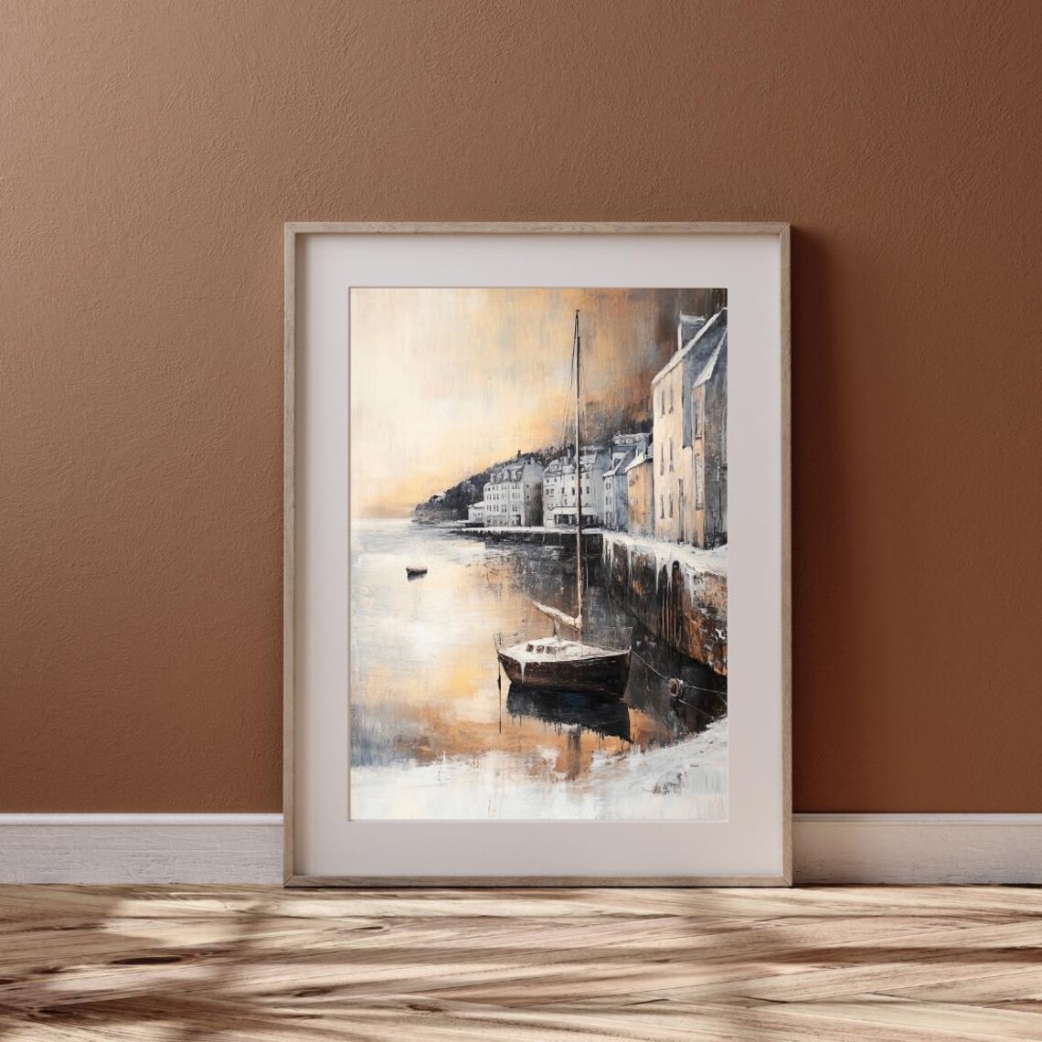 Snowy Harbor Town at Dusk with Sailboat Moody Coastal Winter Wall Art Poster - Image 6