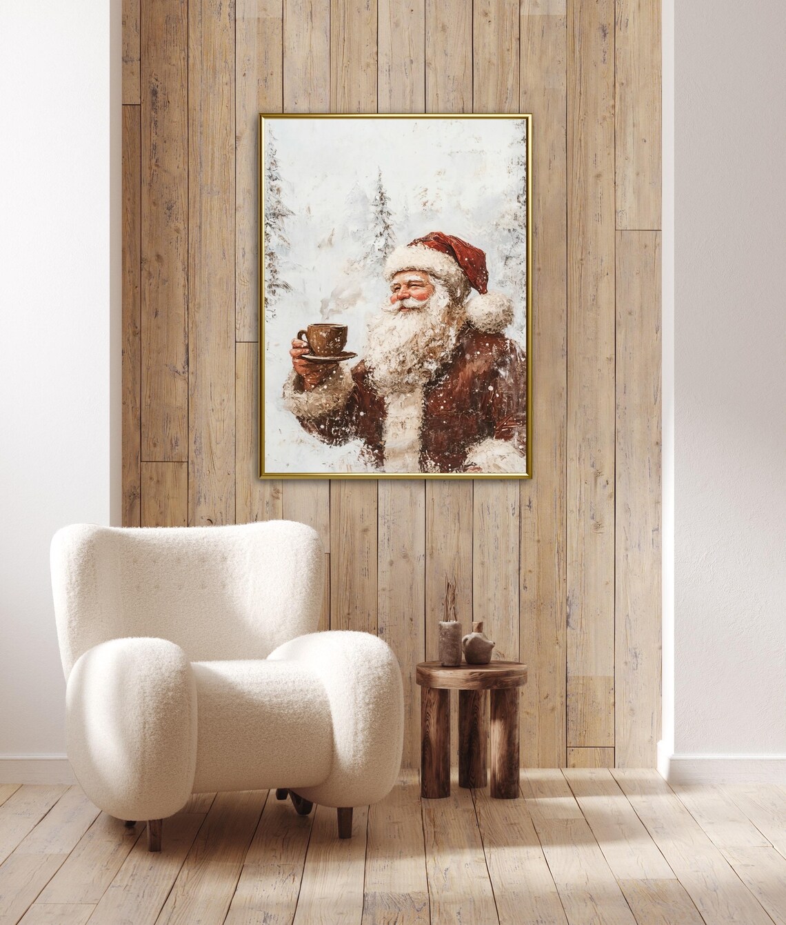 Santa Having Coffee Snow Covered Forest Wall Art Print - Image 2