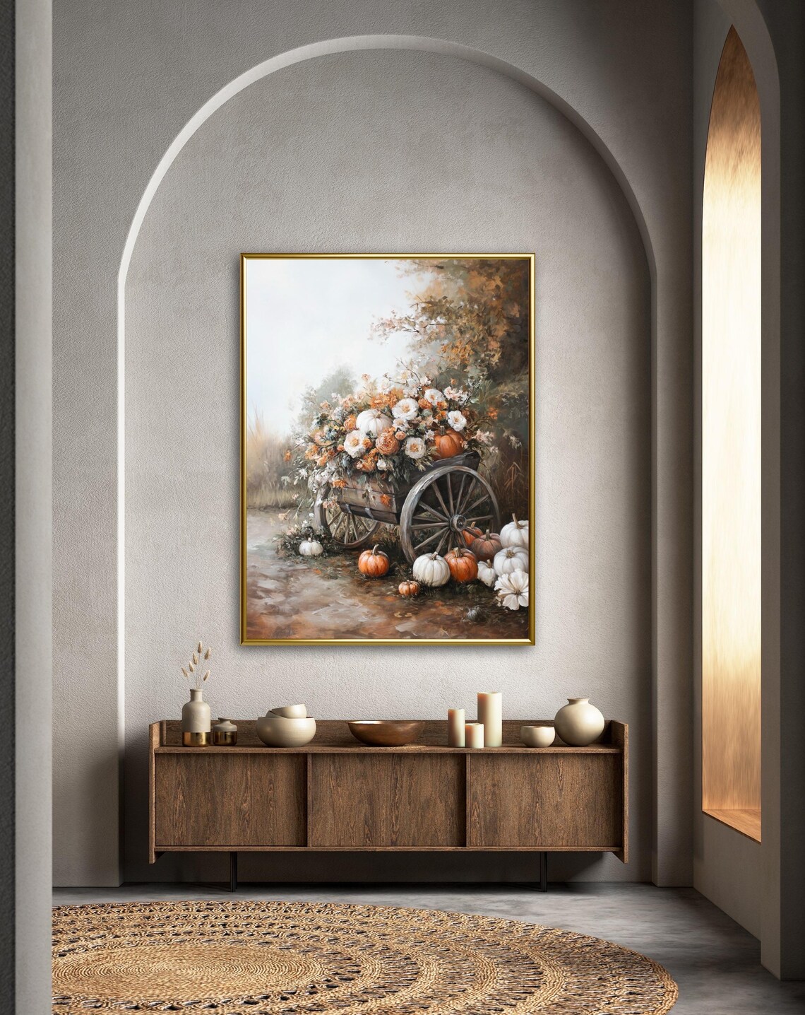 Vintage Cart Loaded With Pumpkins and Flowers Pumpkin Patch Fall Wall Art - Image 4