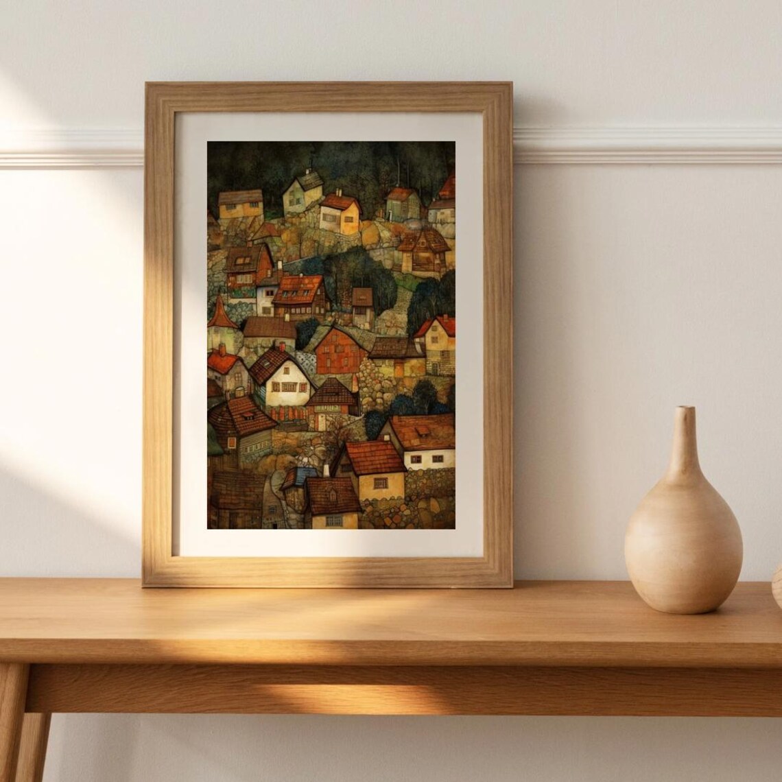 Whimsical Hillside Village Red Roof Houses Earthy Painting Poster - Image 6