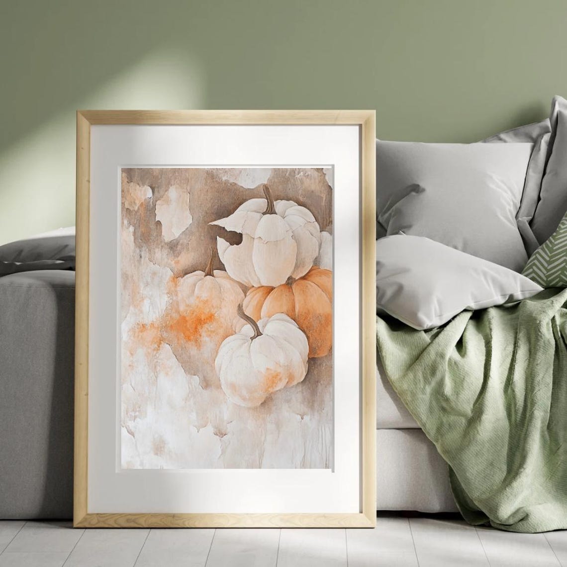 Autumn Tales Pumpkin Stack White Orange Fall Harvest Art Poster - Image 3