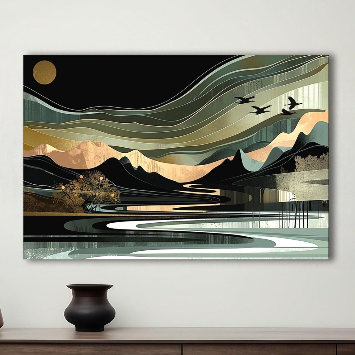 Minimalist Green Black Landscape Gold Moon Birds River Art Poster - Image 4