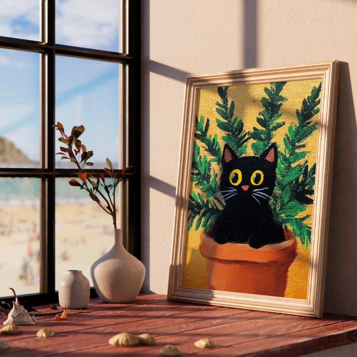 Black Kitten in Terracotta Flower Pot Naive Folk Art Cute Cat Painting Poster - Image 2