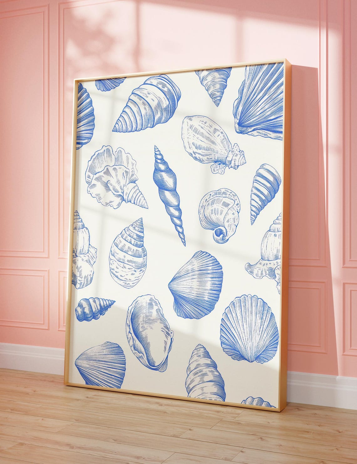 Vintage Blue Seashells Line Art Coastal Beach House Wall Poster - Image 3