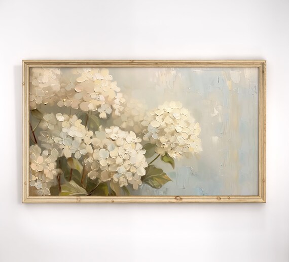 White Hydrangea Still Life Farmhouse Style Neutral Floral Oil Poster