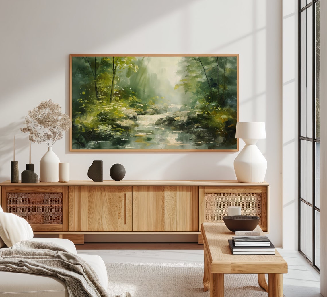 Misty Green Forest Stream Impressionist Landscape Calm Nature Poster - Image 3