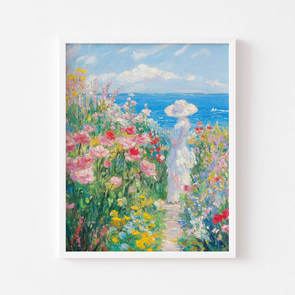 Woman in Wildflower Garden by the Sea Impressionist Wall Art - Image 3