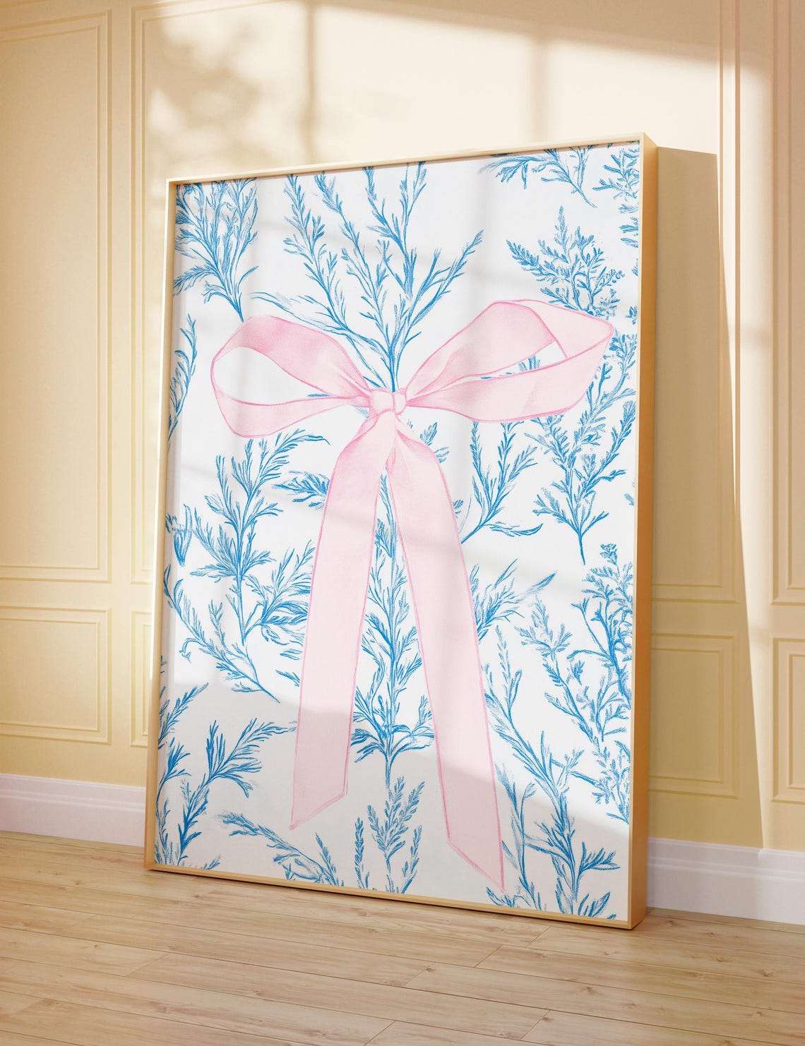 Pink Bow on Blue Floral Toile Pattern Girly Coquette Wall Art - Image 2