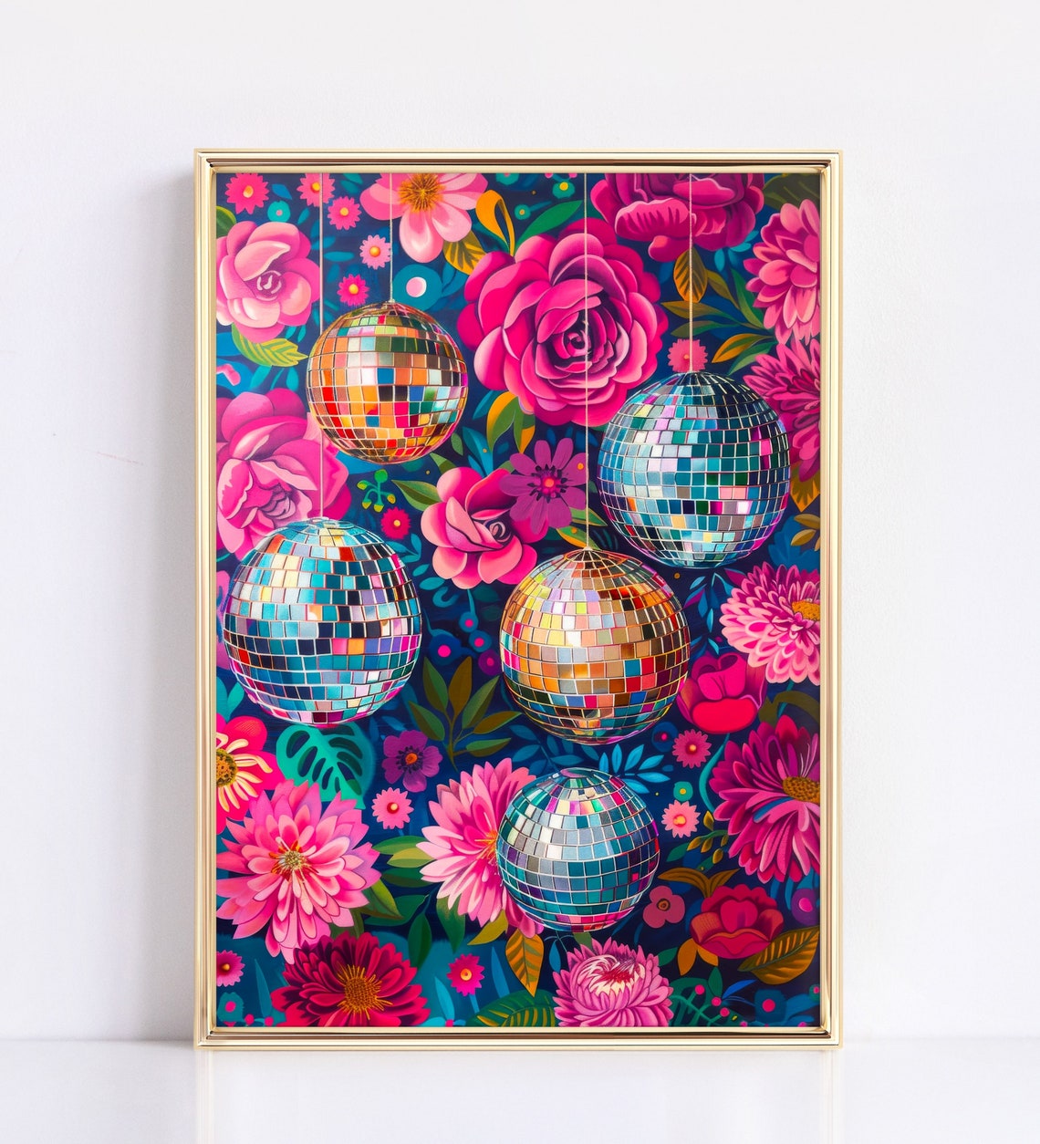 Disco Balls Among Bright Pink Flowers Party Garden Art Poster - Image 2