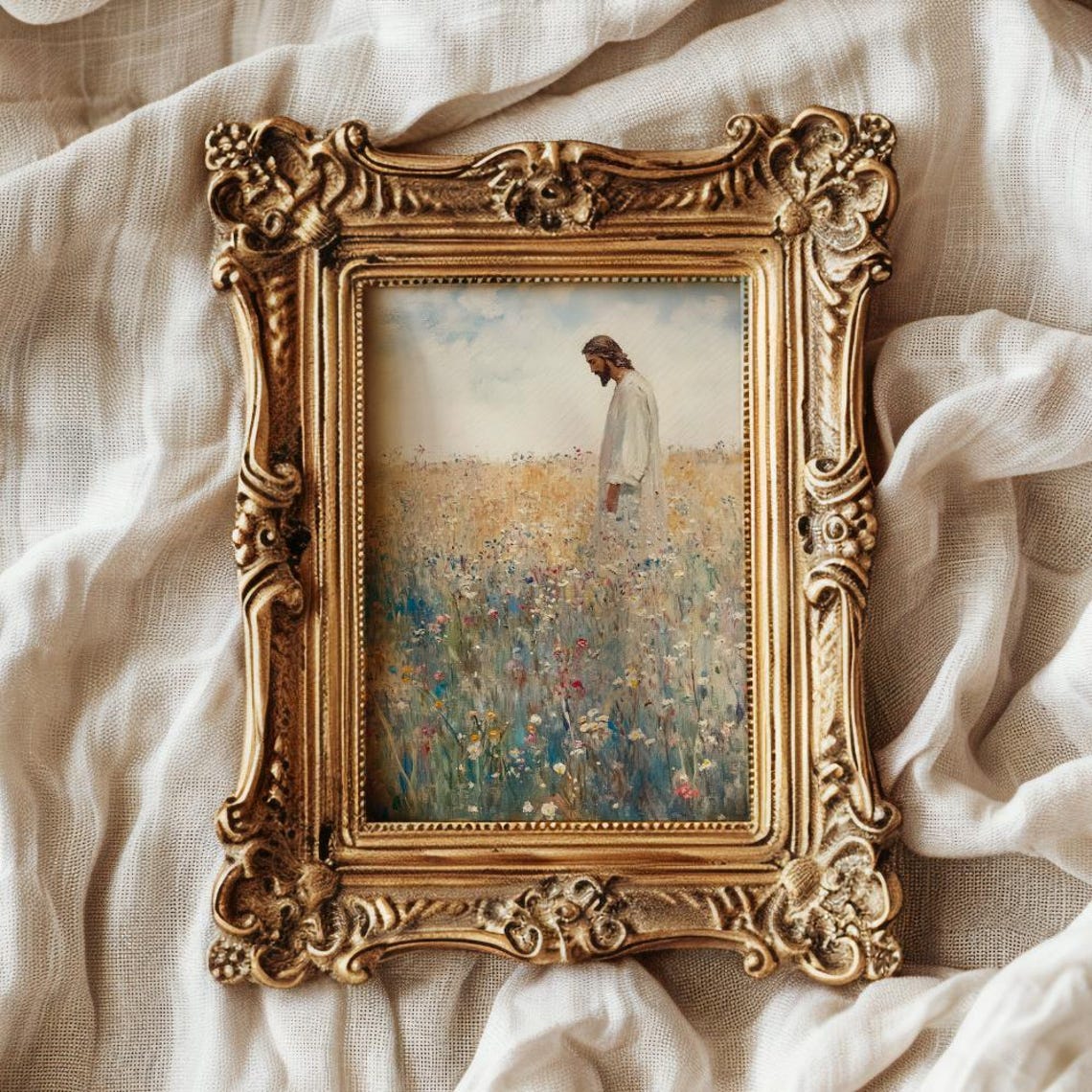 Jesus Walking Through Wildflower Meadow Impressionist Poster - Image 3