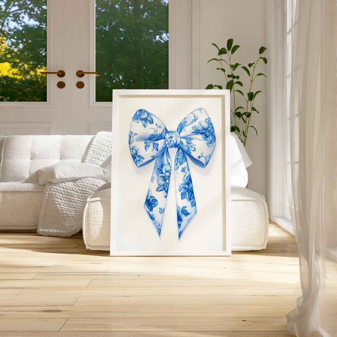 Soft Blue White Floral Bow Watercolor Preppy Coquette Ribbon Wall Poster - Image 2