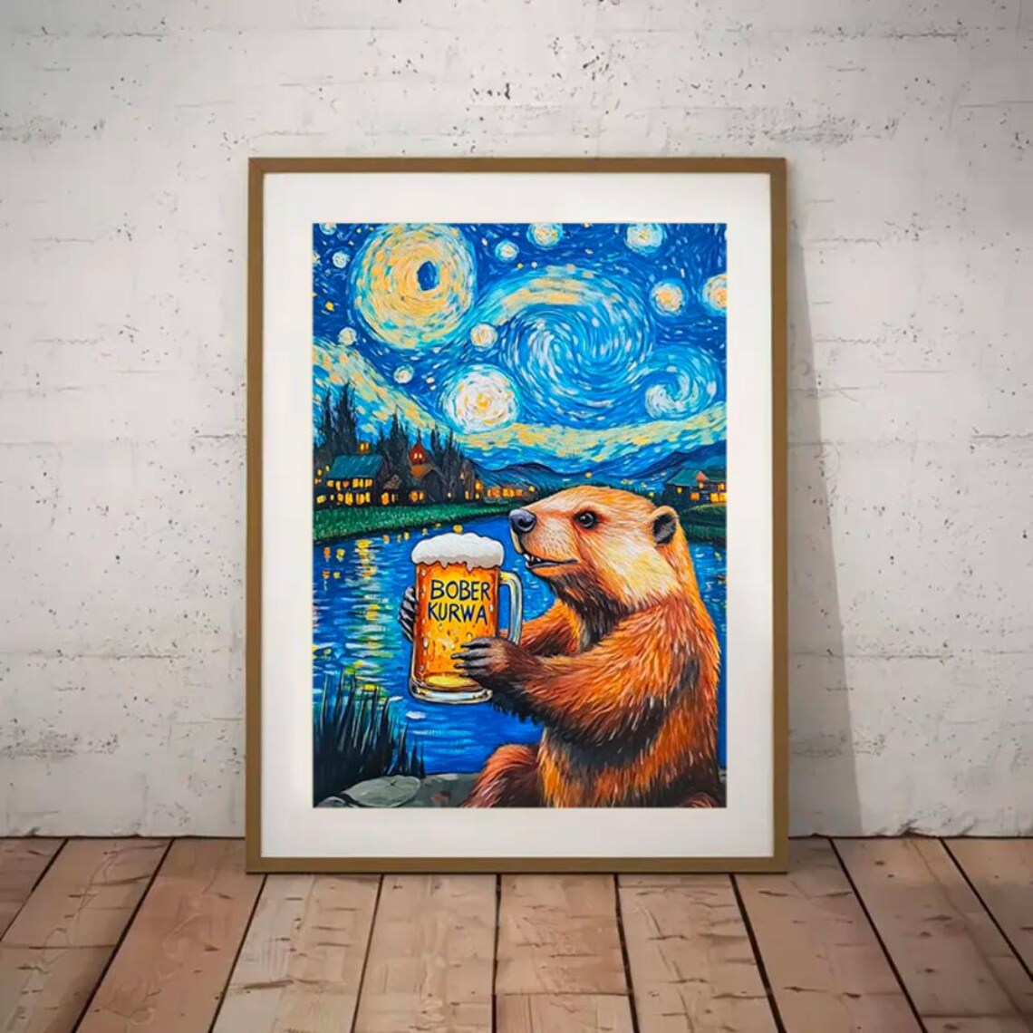 Starry Night Beer Drinking Beaver Art Print - Image 3
