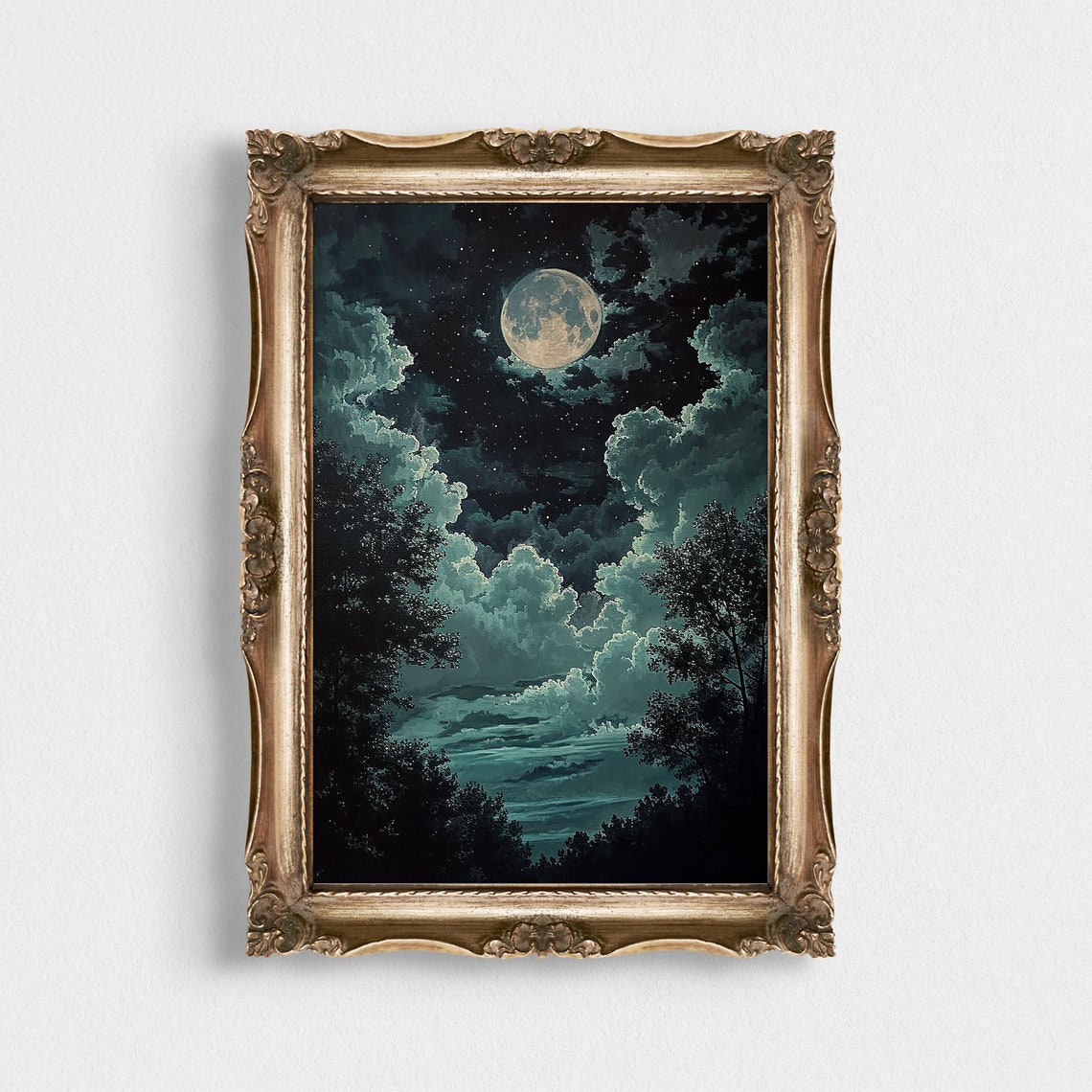 Full Moon Night Clouds Framing Teal Valley Vintage Sky Art Poster