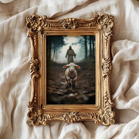 Little Lamb Running To Jesus In Misty Forest Clearing Poster