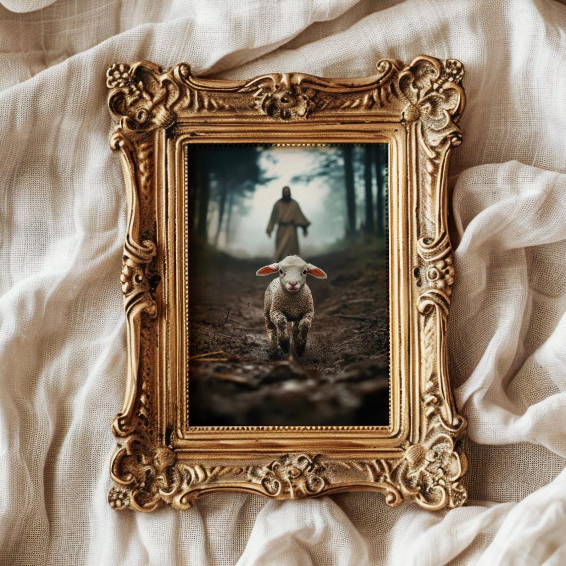 Little Lamb Running To Jesus In Misty Forest Clearing Poster