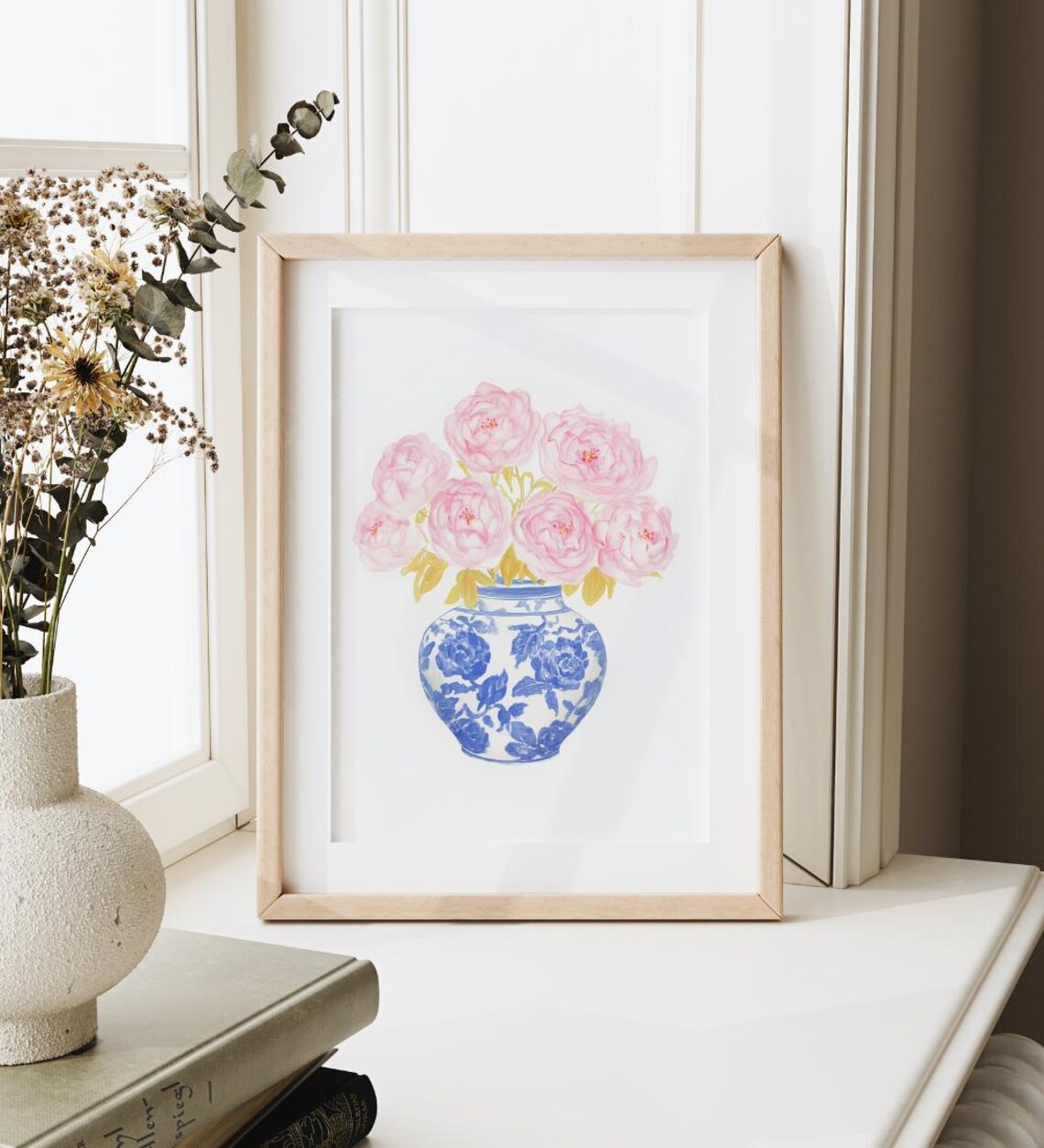 Pink Peonies in Blue White Chinoiserie Vase Watercolor Art Print - Image 3