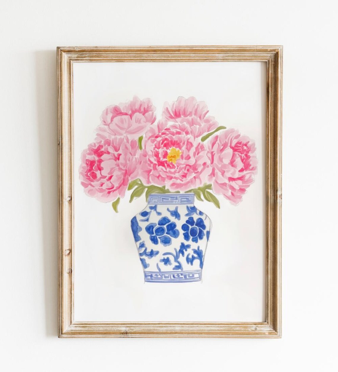Pink Peonies Watercolor Painting Blue White Floral Vase Poster