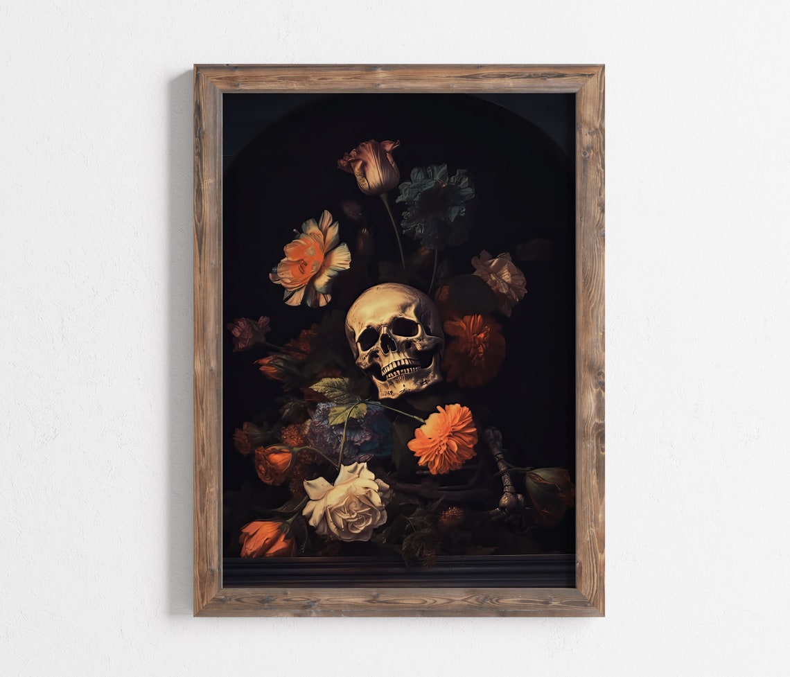 Dark Vanitas Skull With Flowers Gothic Still Life Oddities Art Poster - Image 2