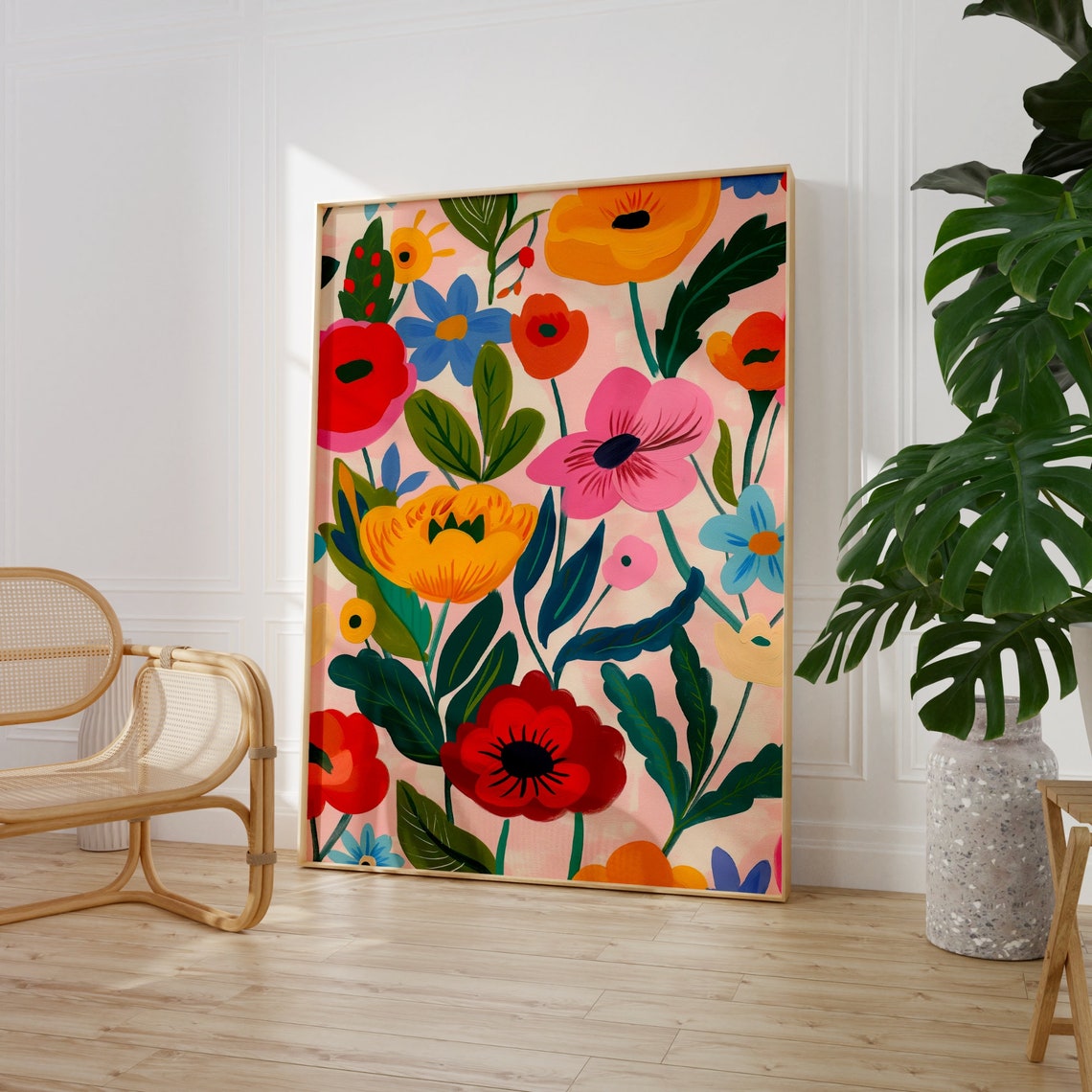 Colorful Poppy Anemone Modern Floral Pattern Pink Background Poster - Image 3