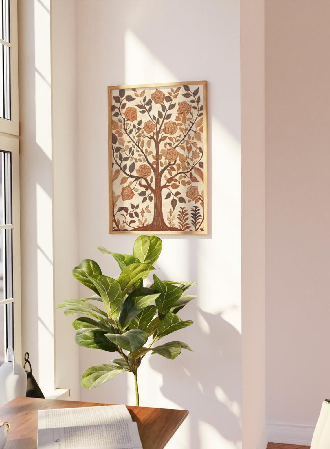 Vintage Folk Art Rose Tree Of Life Rust Brown Botanical Wall Poster - Image 2