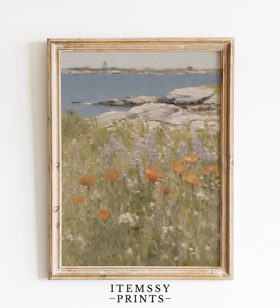 Wildflower Meadow by the Sea Orange Poppies Coastal Art Poster
