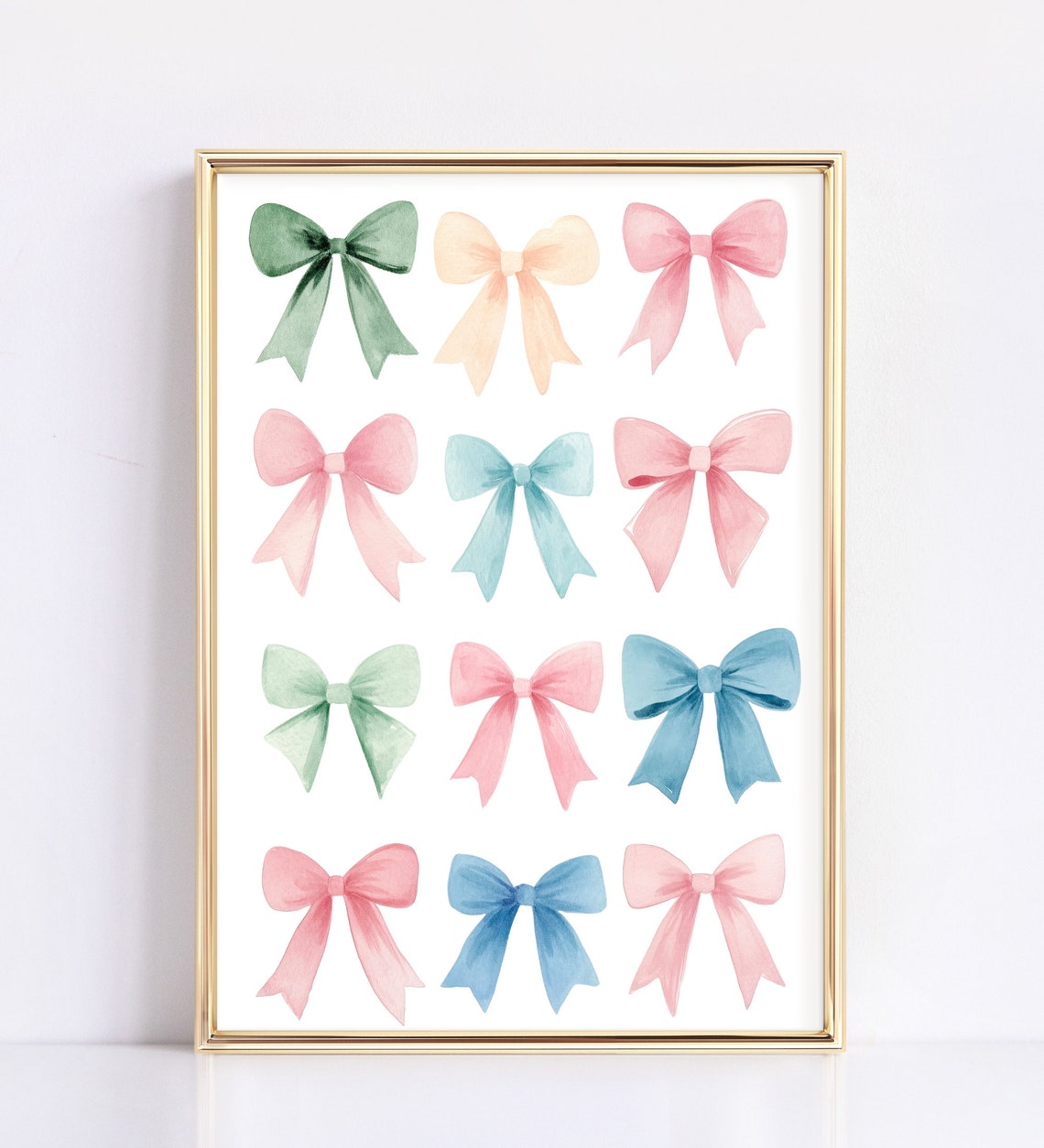 Pastel Watercolor Ribbon Bow Grid Twelve Girly Nursery Art Poster