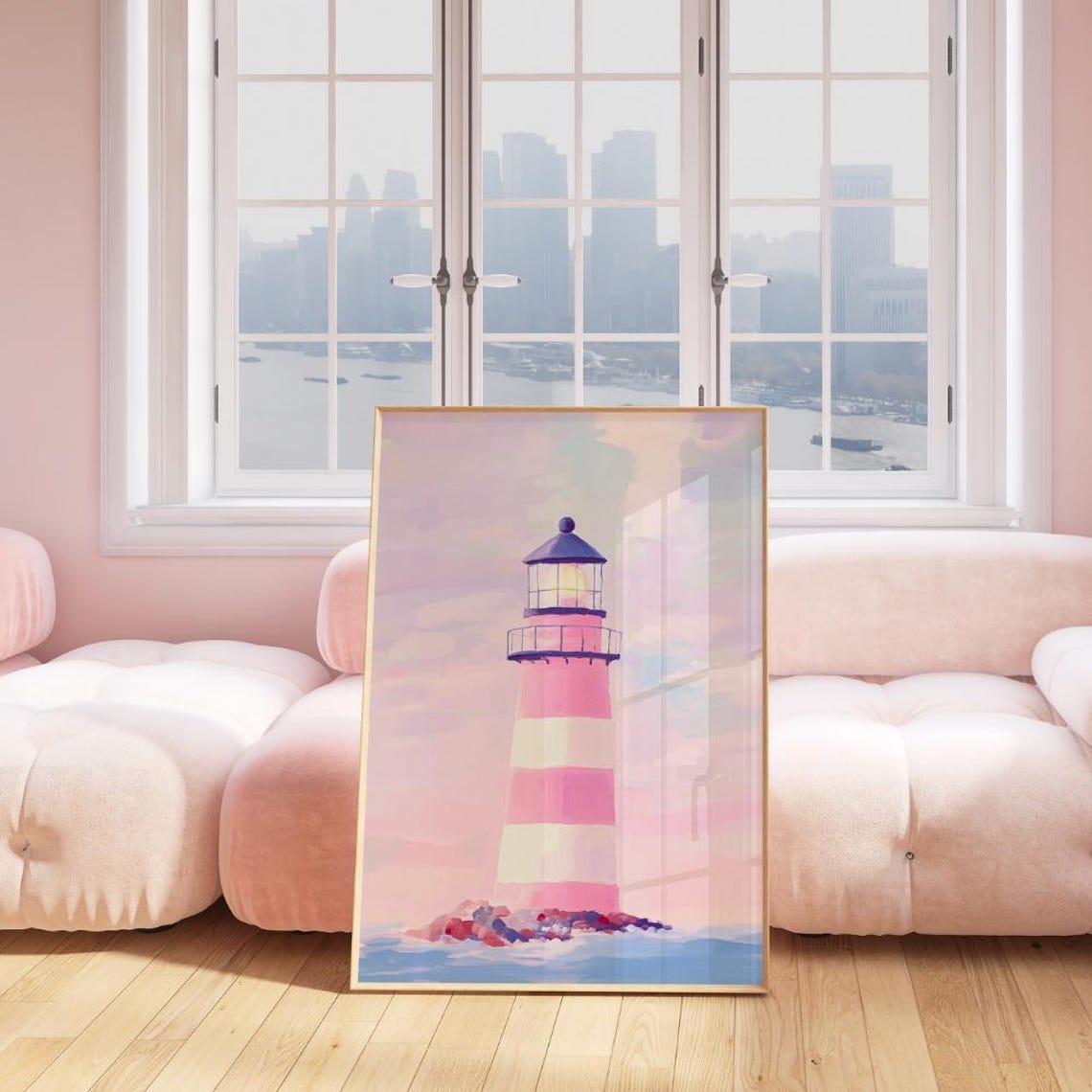 Pink Striped Lighthouse Painting Pastel Coastal Beach Art Poster - Image 3